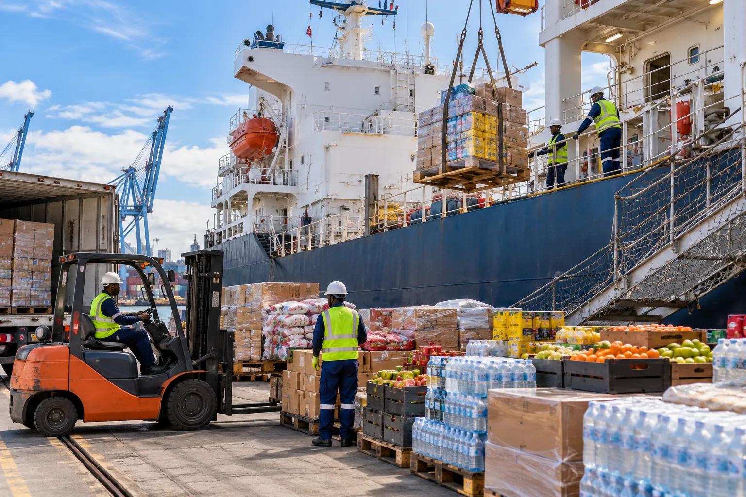 Pallets of provisions, drinking water and fresh produce on the quay being lifted aboard a vessel