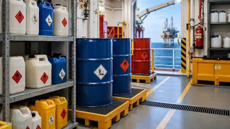 Drums and containers of marine chemicals on spill pallets in a store