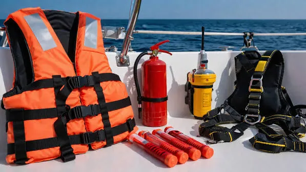 Life jacket, fire extinguisher, flares and safety harness on a vessel's deck